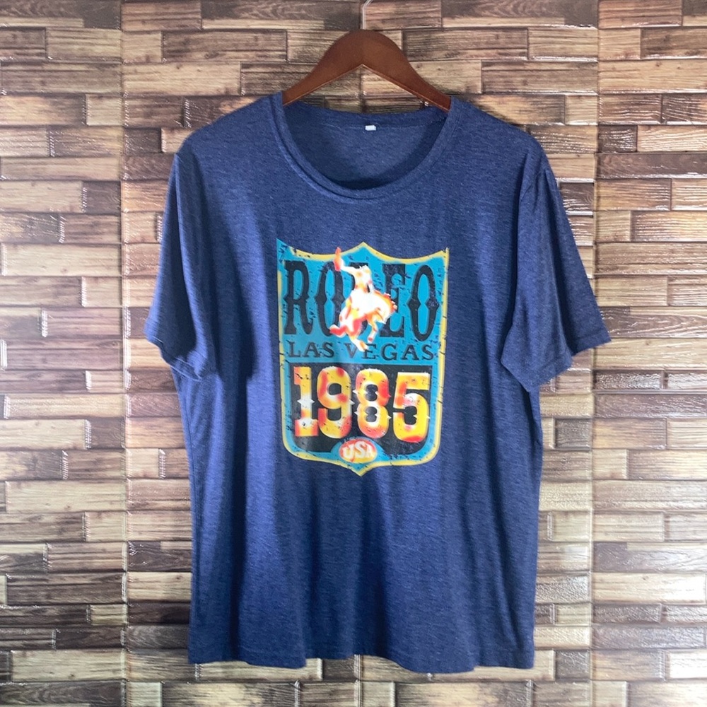 EUC Womens 2XL RODEO LAS VEGAS 1985 USA COWBOY WESTERN TEE Heather Blue T SHIRT